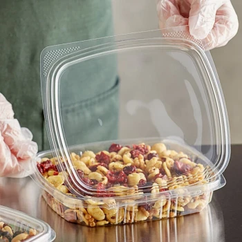 Choice 16 oz. Clear Recycled PET Shallow Hinged Deli Container - 50/Pack