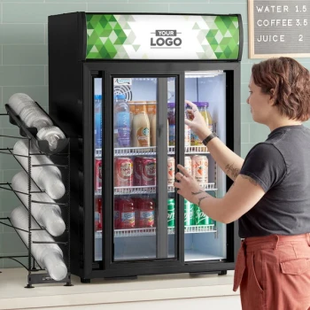Avantco CSM-4-HC Black Countertop Display Refrigerator with Sliding Door and Customizable Merchandising Panel