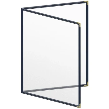 H. Risch, Inc. TED Deluxe Sewn 8 1/2" x 11" Blue 4 View Menu Cover with Gold Decorative Corners and Matte Finish