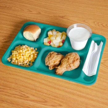 Cambro PS1014414 Penny-Saver 10" x 14 1/2" Right Handed Co-Polymer Aqua 6 Compartment Serving Tray - 24/Case