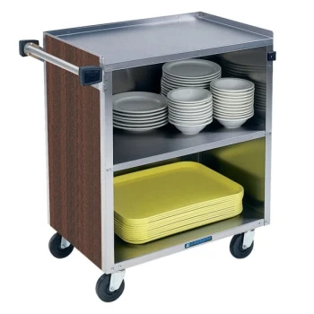 Lakeside 622W 3 Shelf Medium Duty Stainless Steel Utility Cart with Enclosed Base and Walnut Finish - 19" x 30 3/4" x 33 7/8"