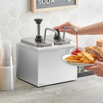 ServSense Double 2 Qt. Stainless Steel Condiment Dispenser - 2 Stainless Steel Pumps with Adjustable Portion Control