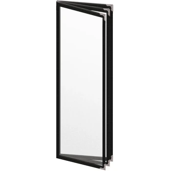 H. Risch, Inc. TETB Deluxe Sewn 4 1/4" x 14" Black 6 View Vinyl Menu Cover with Silver Decorative Corners and Matte Finish