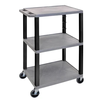 Luxor Tuffy 24" x 18" x 42 1/2" Gray / Black Plastic 3-Shelf Powered Utility Cart with Heavy-Duty Casters, Electrical Assembly, and Cord Storage UCPL1GYE-B
