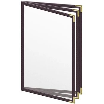 H. Risch, Inc. TETB Deluxe Sewn 5 1/2" x 8 1/2" Brown 6 View Vinyl Menu Cover with Gold Smooth Corners and Matte Finish
