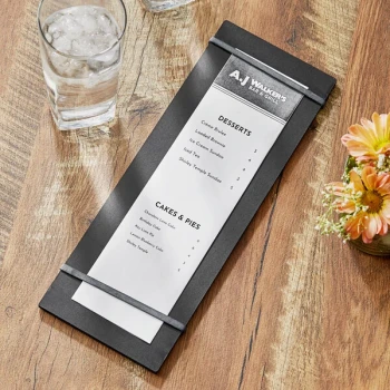 Choice 4 1/2" x 12 1/2" Customizable Black Wood Color Menu Holder / Presenter with Straps