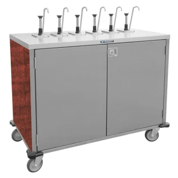 Lakeside 70221RM Stainless Steel E-Z Serve 4-Pump Condiment Dispensing Cart with Red Maple Finish for 3 Gallon Condiment Pouches - 27 1/2" x 33" x 48 1/2"