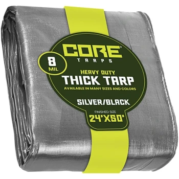 Core Tarps 24' x 50' Silver / Black Heavy-Duty Weatherproof 8 Mil Poly Tarp with Reinforced Edges