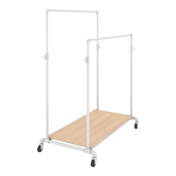 Econoco Pipeline 50" x 29" x 78" Gloss White Ballet Garment Rack with Adjustable Double Hangrail and Raw Oak Base Shelf