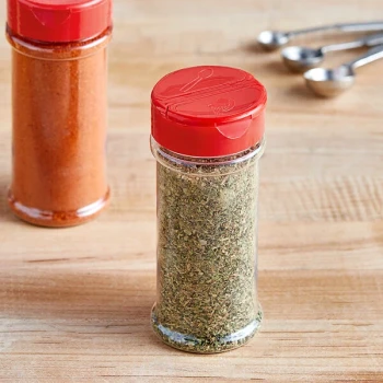 8.4 oz. Round Plastic Spice Container and 53/485 Red Induction-Lined Dual Flapper Lid with 7 Holes - 285/Case