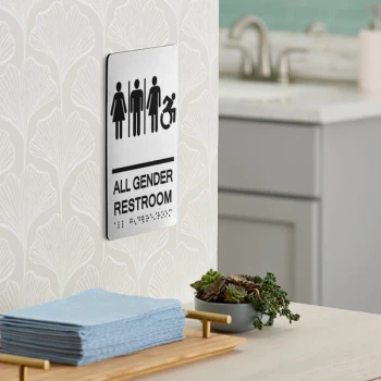 Lavex 9" x 6" Black / Silver Aluminum Composite Material All Gender Restroom Sign with Braille