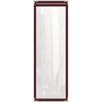 H. Risch, Inc. TES Deluxe Sewn 4 1/4" x 14" Maroon 2 View Vinyl Menu Cover with Gold Decorative Corners and Gloss Finish