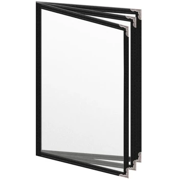 H. Risch, Inc. TETB Deluxe Sewn 5 1/2" x 8 1/2" Black 6 View Vinyl Menu Cover with Silver Decorative Corners and Matte Finish