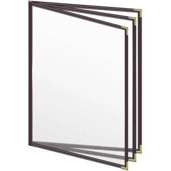 H. Risch, Inc. TETB Deluxe Sewn 8 1/2" x 11" Brown 6 View Vinyl Menu Cover with Gold Smooth Corners and Matte Finish