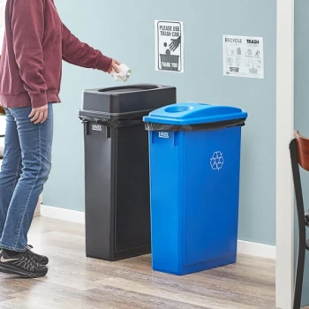 Lavex 46 Gallon 2-Stream Slim Rectangular Recycle Station with Black Drop Shot and Blue Bottle / Can Lids