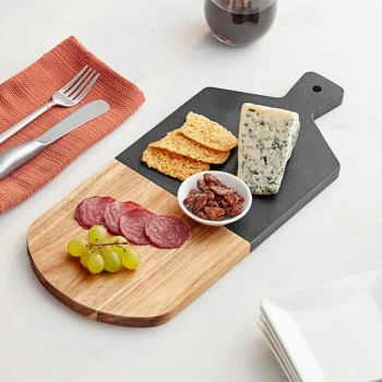 Acopa 14" x 7" Acacia Wood and Slate Serving Board with 2 1/2" Handle