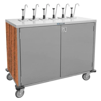 Lakeside 70221VC Stainless Steel E-Z Serve 4-Pump Condiment Dispensing Cart with Victorian Cherry Finish for 3 Gallon Condiment Pouches - 27 1/2" x 33" x 48 1/2"