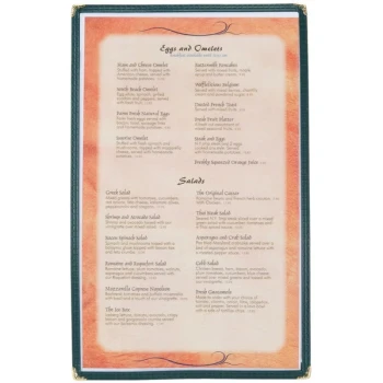 Menu Solutions SE300D-GREEN 8 1/2" x 14" Green Single Panel Menu Jacket with 2 Views