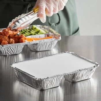Choice 8 1/2"x 6 3/8" 3-Compartment Oblong Foil Take-Out Container with Board Lid - 250/Case