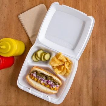 Dart 85HT3R 8" x 8" x 3" White Foam 3 Compartment Square Take Out Container with Perforated Hinged Lid - 200/Case