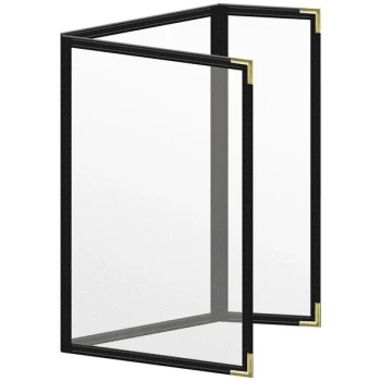 H. Risch, Inc. TEDQ Deluxe Sewn 5 1/2" x 8 1/2" Black 6 View Menu Cover with Gold Smooth Corners and Matte Finish