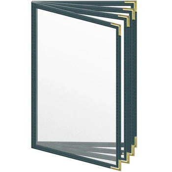 H. Risch, Inc. TEDD Deluxe Sewn 5 1/2" x 8 1/2" Green 8 View Menu Cover with Gold Smooth Corners and Matte Finish