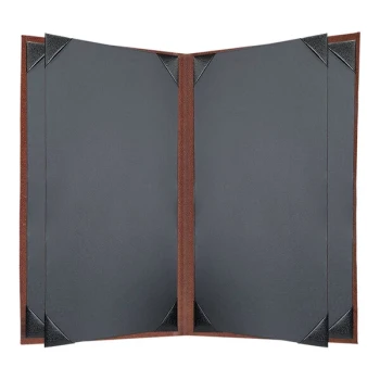H. Risch, Inc. 8 1/2" x 14" Brown Tuxedo Leather Customizable 6 View Menu Cover with Picture Corners