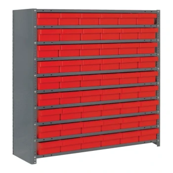Quantum Super Tuff 36" x 12" x 39" Steel Closed 10-Shelf Euro Drawer Shelving System with (54) 11 5/8" x 5 9/16" x 2 1/8" Red Bins CL1239-401RD