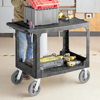 Lavex Large Black 2-Shelf Utility Cart with Flat Top, Built-In Tool Compartment, and Oversized Wheels