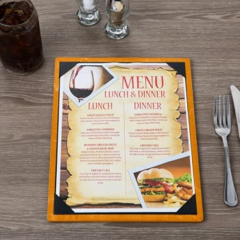 Menu Solutions WDPIX-C Country Oak 8 1/2" x 11" Customizable Wood Menu Board with Picture Corners