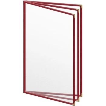 H. Risch, Inc. TETB Deluxe Sewn 8 1/2" x 14" Red 6 View Vinyl Menu Cover with Gold Decorative Corners and Matte Finish