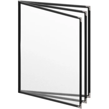H. Risch, Inc. TETB Deluxe Sewn 8 1/2" x 11" Black 6 View Vinyl Menu Cover with Silver Decorative Corners and Matte Finish