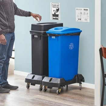 Lavex 46 Gallon 2-Stream Slim Rectangular Mobile Recycle Station with Black Drop Shot and Blue Bottle / Can Lids