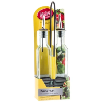 TableCraft Prima 8.5 oz. 3-Piece Green Tinted Glass Oil and Vinegar Cruet Set with Black Rack - 6/Case