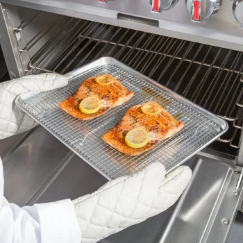 Choice Half Size 19 Gauge 13 inch x 18 inch Wire in Rim Aluminum Sheet Pan with Half Size 12 inch x 16 1/2 inch Footed Cooling Rack