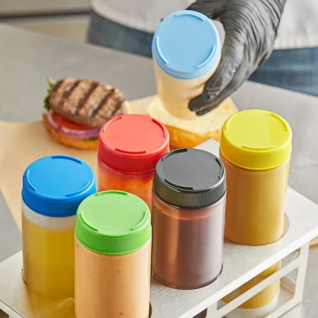 TableCraft 63FCAPA Solid Assorted Color End Caps for Inverted or Squeeze Bottles with a 63 mm Opening - 12/Pack