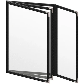 H. Risch, Inc. TETBQ Deluxe Sewn 5 1/2" x 8 1/2" Black 8 View Vinyl Menu Cover with Silver Decorative Corners and Matte Finish