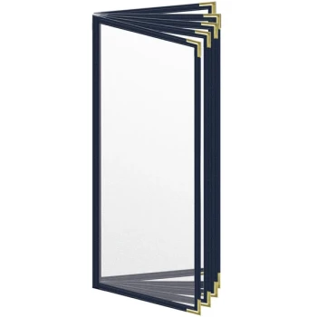H. Risch, Inc. TE-10V Deluxe Sewn 4 1/4" x 11" Blue 10 View Vinyl Menu Cover with Gold Smooth Corners and Matte Finish