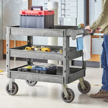 Lavex Large Gray 3-Shelf Utility Cart with Premium Handle, Built-In Tool Compartments, and Oversized Wheels - 46 3/4" x 25 1/2" x 33 1/2"
