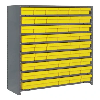 Quantum Super Tuff 36" x 12" x 39" Steel Closed 10-Shelf Euro Drawer Shelving System with (54) 11 5/8" x 5 9/16" x 2 1/8" Yellow Bins CL1239-401YL