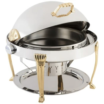 Bon Chef 14009 Elite Round 8 Qt. Dripless Stainless Steel with 24K Gold Accents Roll Top Chafer with Aurora Legs