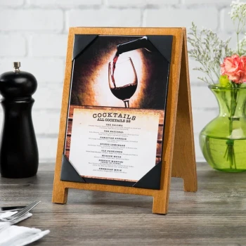 Menu Solutions WDSD-PIX-B 5" x 7" Country Oak Wood Sandwich Menu Board Tent with Picture Corners