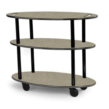 Geneva 36304-09 Oval 3 Shelf Laminate Table Side Service Cart with Handle Cutouts and Beige Suede Finish - 23" x 44" x 35 1/4