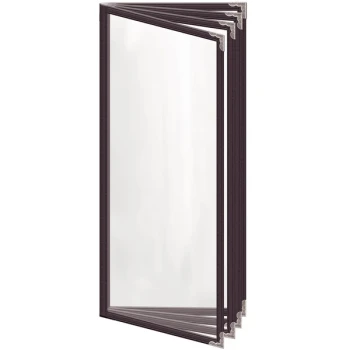 H. Risch, Inc. TEDD Deluxe Sewn 4 1/4" x 11" Brown 8 View Menu Cover with Silver Decorative Corners and Gloss Finish