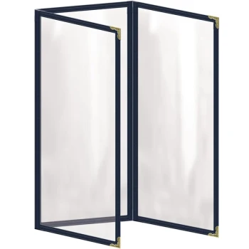 H. Risch, Inc. TET Deluxe Sewn 4 1/4" x 11" Blue 6 View Foldout Vinyl Menu Cover With Gold Decorative Corners and Gloss Finish