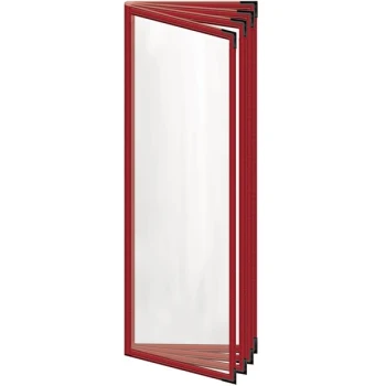 H. Risch, Inc. TEDD Deluxe Sewn 4 1/4" x 14" Red 8 View Menu Cover with Black Smooth Corners and Gloss Finish