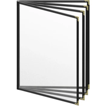 H. Risch, Inc. TEDD Deluxe Sewn 8 1/2" x 11" Black 8 View Menu Cover with Gold Decorative Corners and Matte Finish