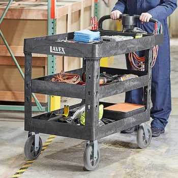 Lavex Large Black 3-Shelf Utility Cart with Ergonomic Handle, Built-In Tool Compartments, and Oversized Wheels