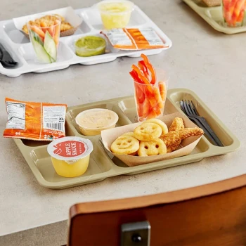 Choice 10" x 14" Right Handed Heavy-Duty Melamine NSF Tan 6 Compartment Tray - 12/Pack