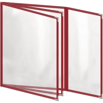 H. Risch, Inc. TETBQ Deluxe Sewn 8 1/2" x 11" Red 8 View Vinyl Menu Cover with Silver Smooth Corners and Gloss Finish